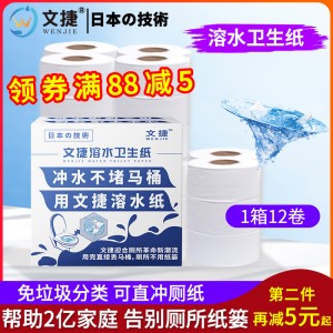 上海文捷纸溶水纸可冲水卫生纸卷筒纸厕纸商务大盘纸1箱12卷