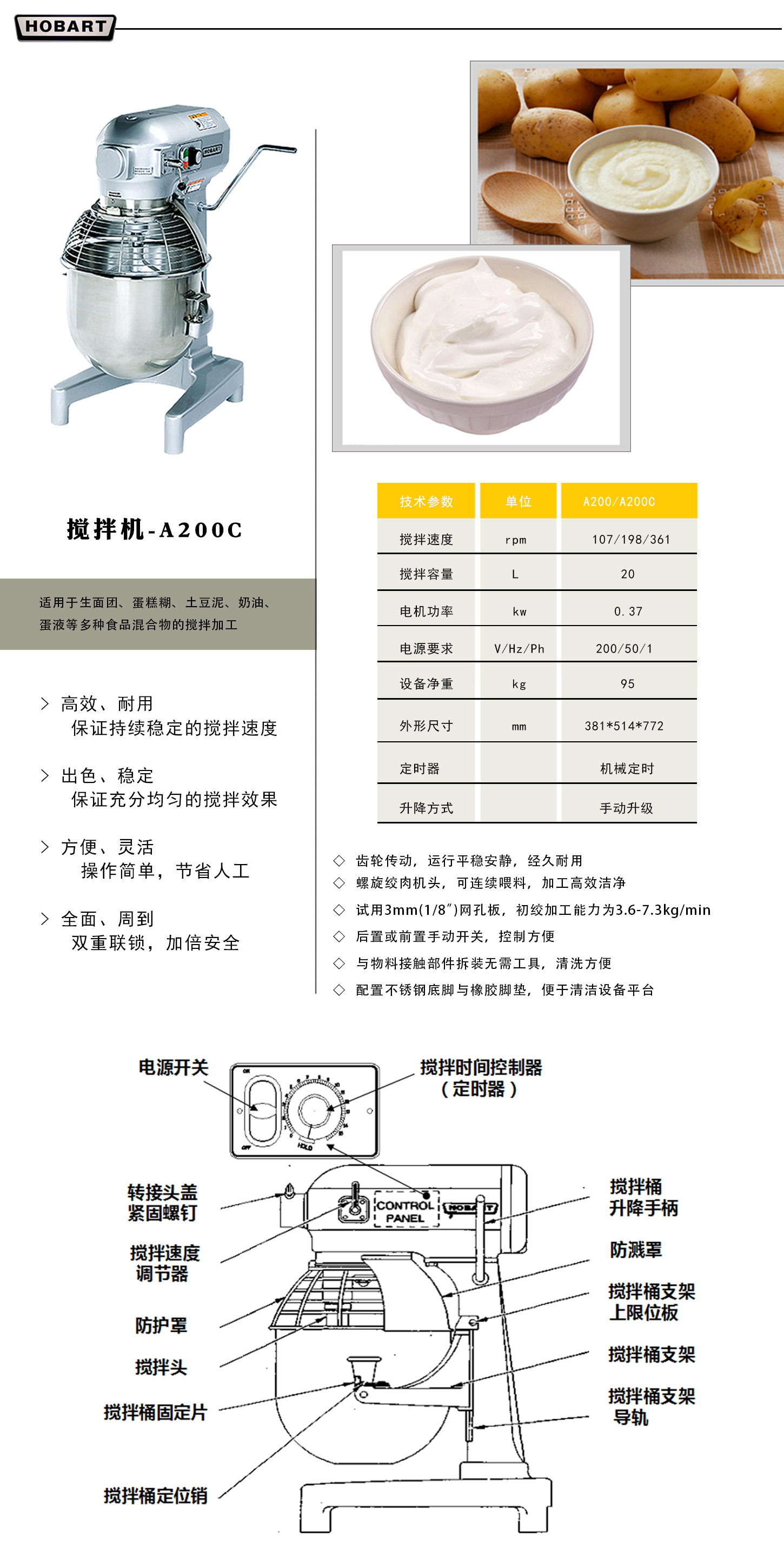 美国进口HOBART豪霸 搅拌机 商用打蛋机 鲜奶机-A200C