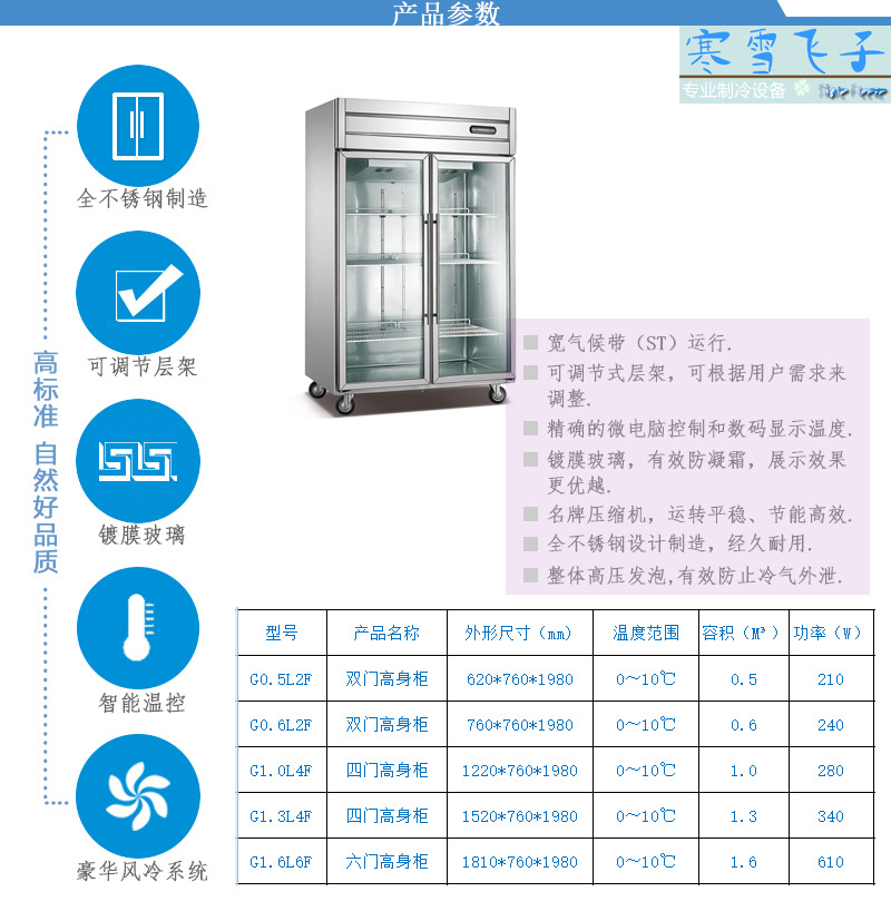 四门风冷不锈钢无霜玻璃门商场超市展示柜饮料水果冷藏保鲜冷柜