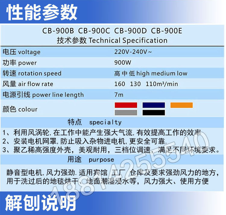 超宝CB900地面地板强力吹地机吹干机三速拉杆式股吹风机超市酒店